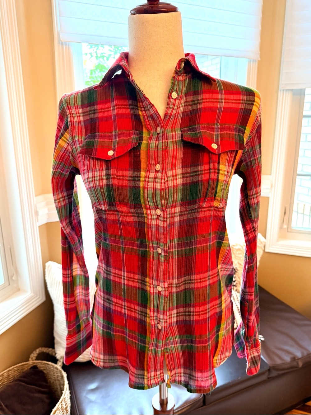 Ralph Lauren Red Green Plaid Button-Down Shirt Old money aesthetic.